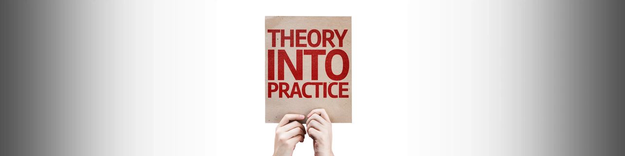 Sign held up that reads Theory Into Practice