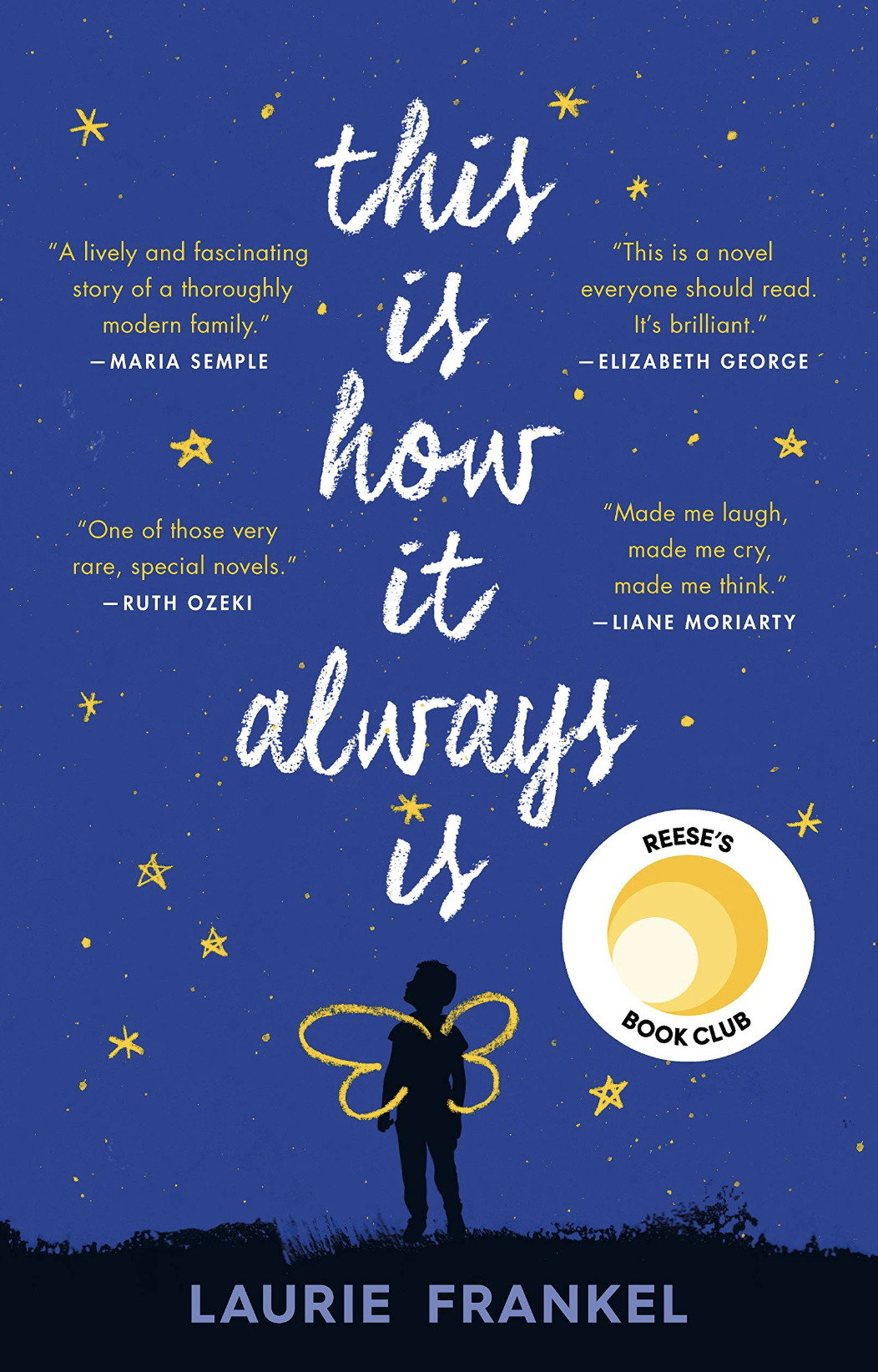 Blue book cover with a figure wearing wings looking up at a night sky
